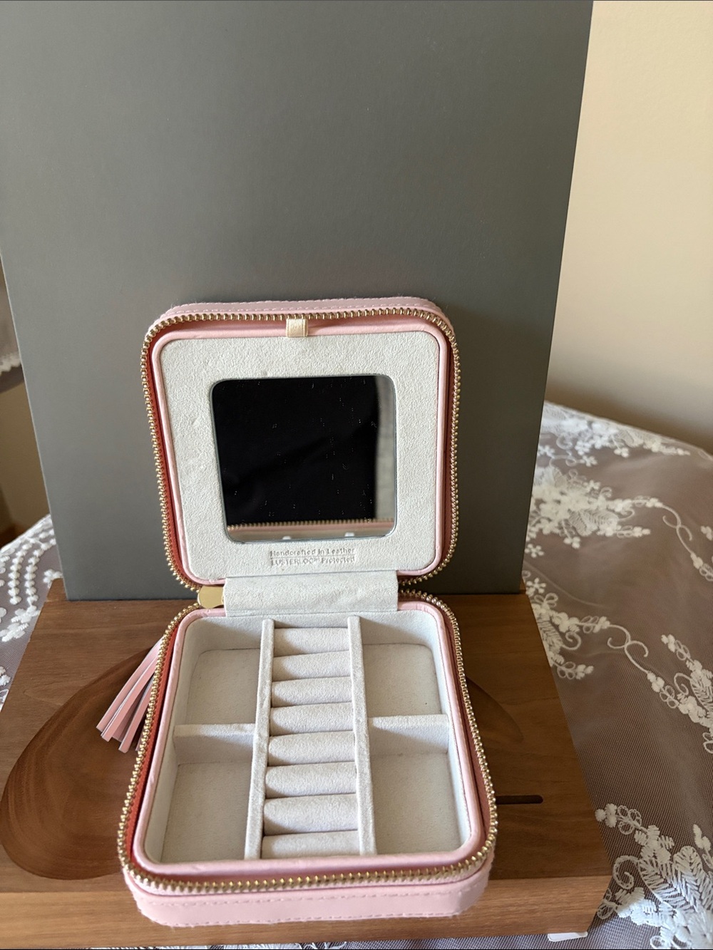 WOLF Pink Travel Jewelry Case with Mirror and Ring Rolls
